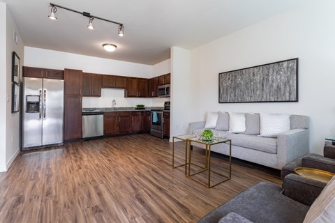 a living room with a couch and a table